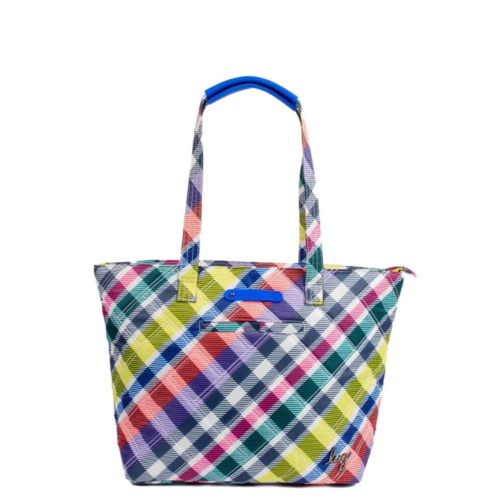 lug skyliner in playful plaid - Multicolor Plaid Tote with Blue Trim